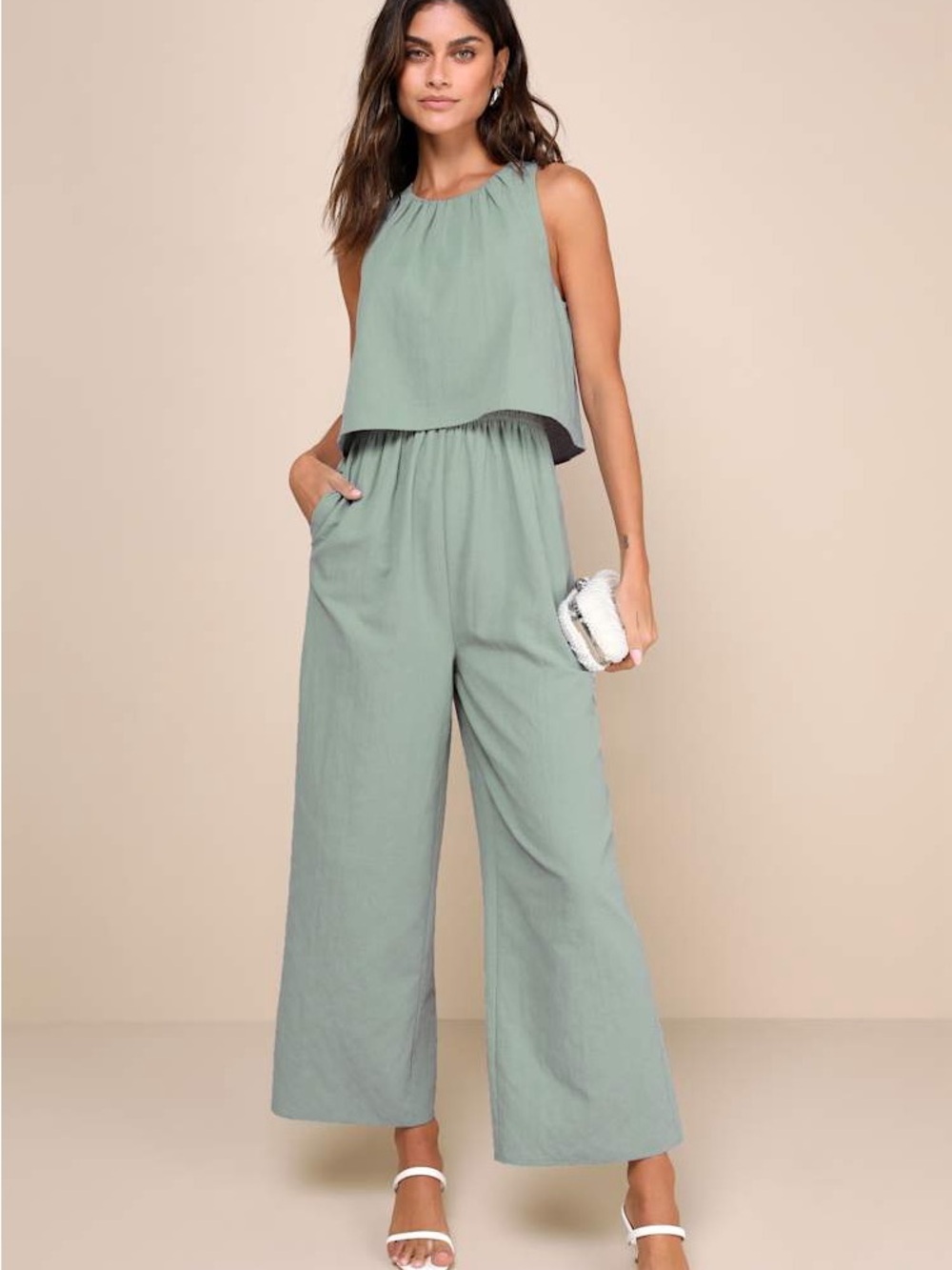 Lulu's Sage Green Sleeveless Layered Wide-Leg Jumpsuit
